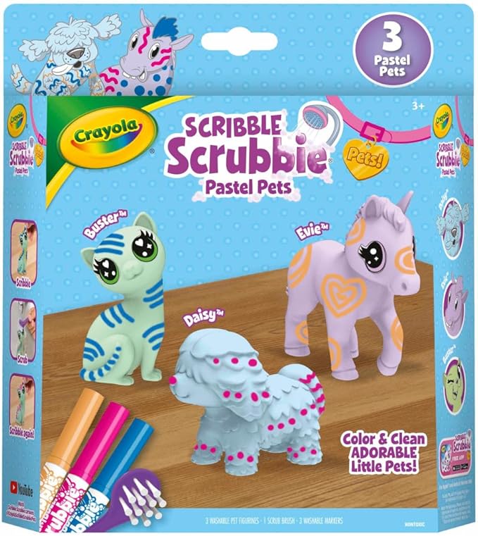 Crayola Scribble Scrubbie Pastel Pets, 3 Count – Washable Pet Toy Set With Markers & Brush, Creative Gift For Kids Ages 3+