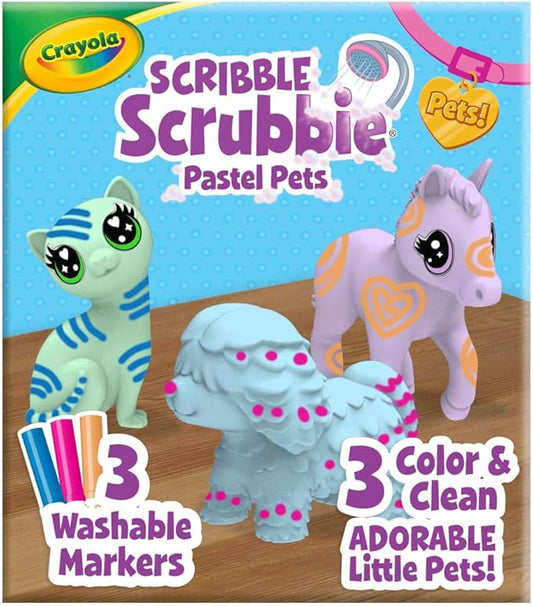 Crayola Scribble Scrubbie Pastel Pets, 3 Count – Washable Pet Toy Set With Markers & Brush, Creative Gift For Kids Ages 3+