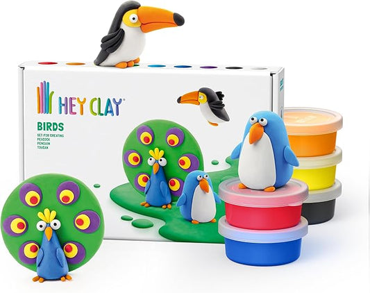 HEY CLAY - DIY Birds: Toucan, Penguin, Peacock Plastic Creative Modelling Air - Dry Clay For Kids 6 Cans - Marah Kids