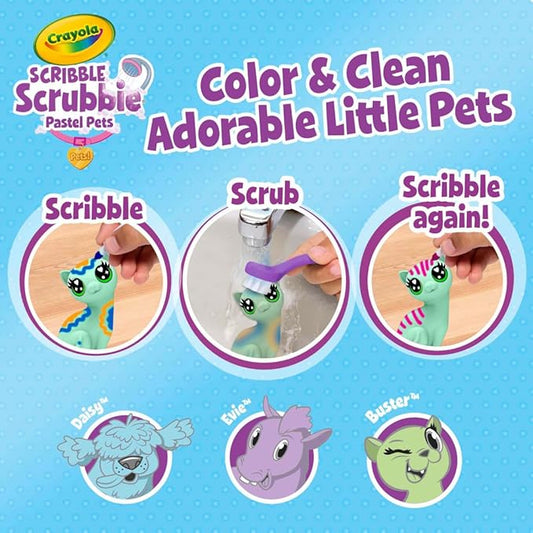 Crayola Scribble Scrubbie Pastel Pets, 3 Count – Washable Pet Toy Set With Markers & Brush, Creative Gift For Kids Ages 3+
