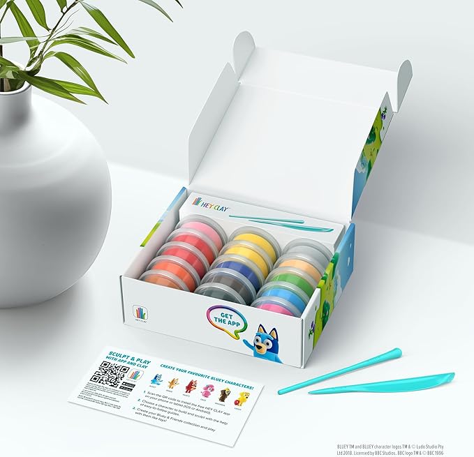 Hey Clay - Bluey & Friends, Colorful modeling air - dry clay, 15 cans, Series Collections, with fun interactive app for kids aged 3+ years. - Marah Kids