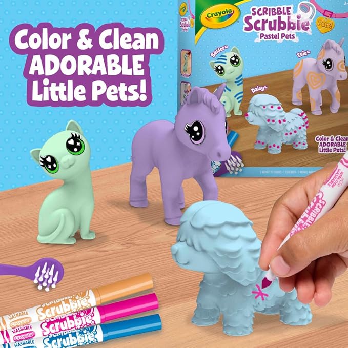 Crayola Scribble Scrubbie Pastel Pets, 3 Count – Washable Pet Toy Set With Markers & Brush, Creative Gift For Kids Ages 3+
