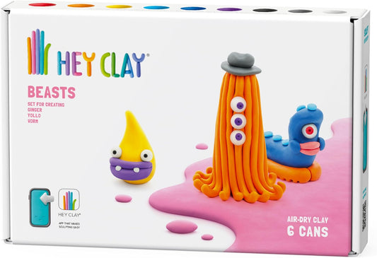 HEY CLAY - DIY Beasts: Worm, Ginger, Drop Plastic Creative Modelling Air - Dry Clay For Kids 6 Cans - Marah Kids