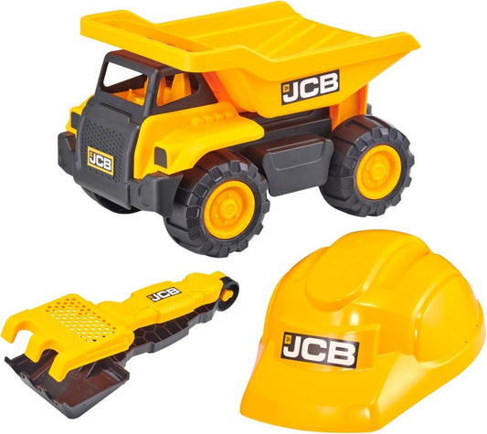 D - POWER Teamsterz JCB 10" Dump Truck Sand Tool and Helmet Playset | Construct the ultimate playtime | Design free - moving wheels for push - along fun | Suitable for children aged 3 + and above - Marah Kids