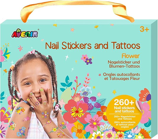 Avenir Nail Stickers and Tattoos - Flower | Trendy Themed Designs! Over 260 Colorful and Temporary Stickers & Tattoos for Fashionable Kids - Easy to Use and Remove - Perfect Fashion Activity & Ideal Gifts for Girls 3+ - Marah Kids