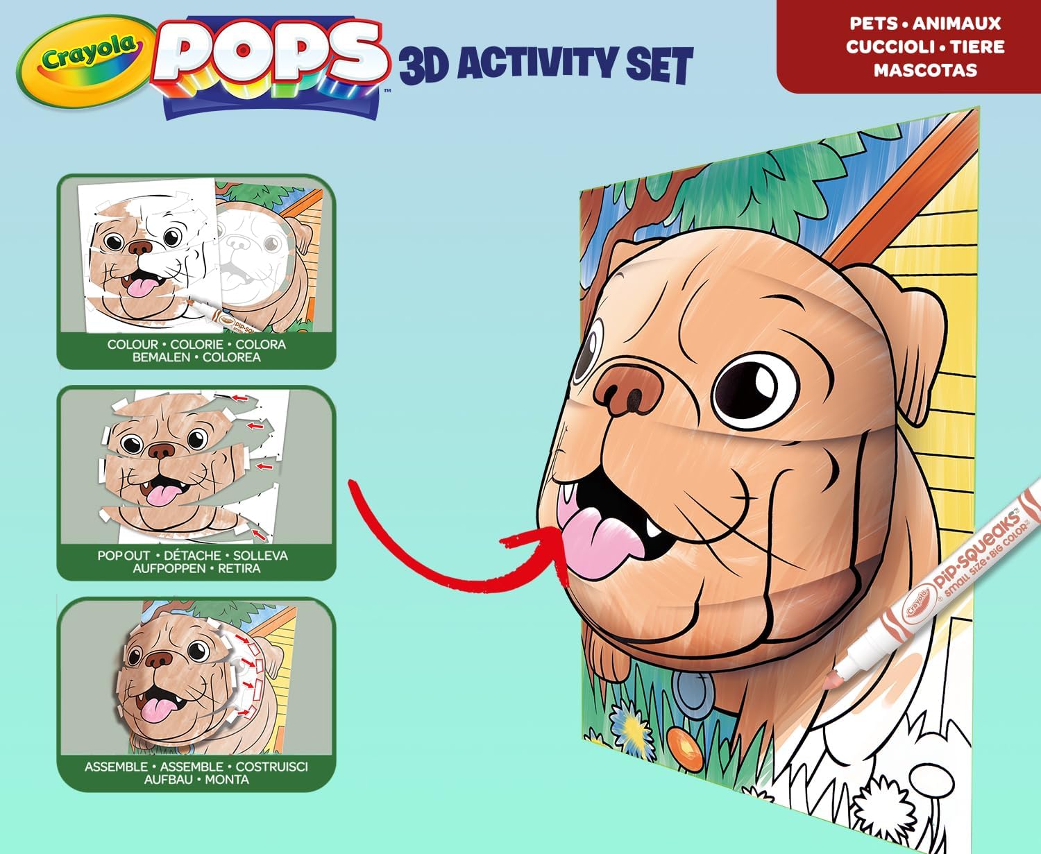 Crayola - Pops Super Set - Pets | Creative Building Kit for Kids - Includes 3 Extra - Large Pops Cards (30x37cm) and 3 Large Pops Cards (25x21.6cm) - 7 Skinny Markers | Ages 6+ - Marah Kids