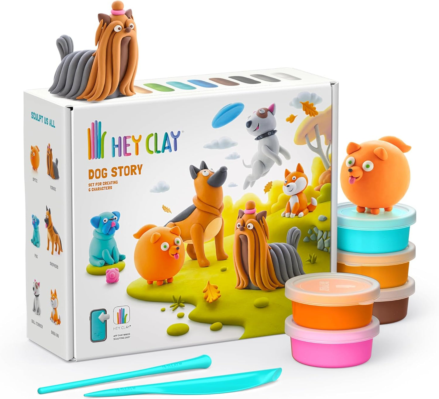 Hey Clay - DOG STORY Colourful modelling air - dry clay, 15 cans with fun interactive app for kids 3 years + - Marah Kids