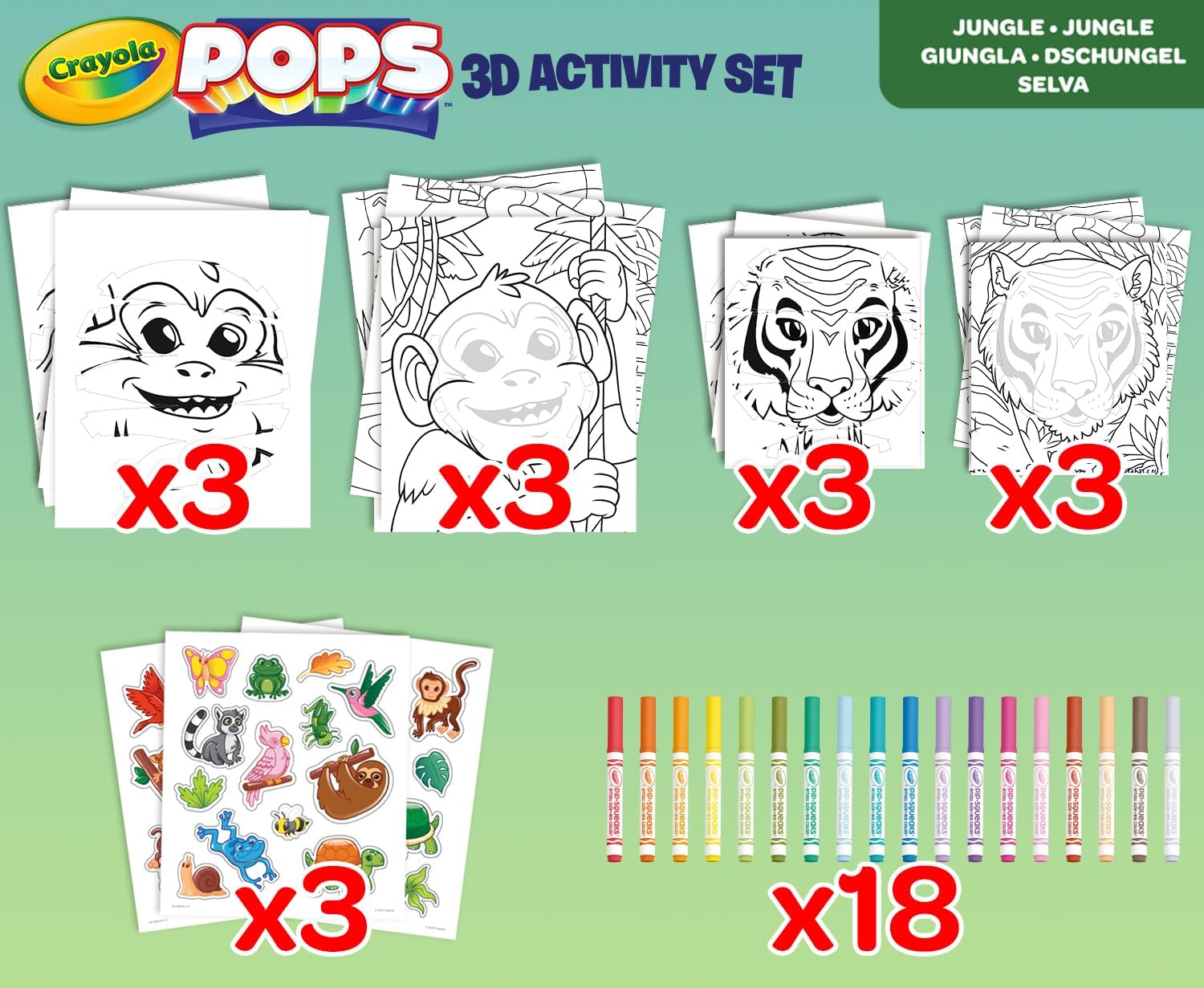 Crayola - Pops Super Set - Jungle | Creative Building Kit for Kids - Includes 3 Extra - Large Pops Cards (30x37cm) and 3 Large Pops Cards (25x21.6cm) - 7 Skinny Markers | Ages 6+ - Marah Kids