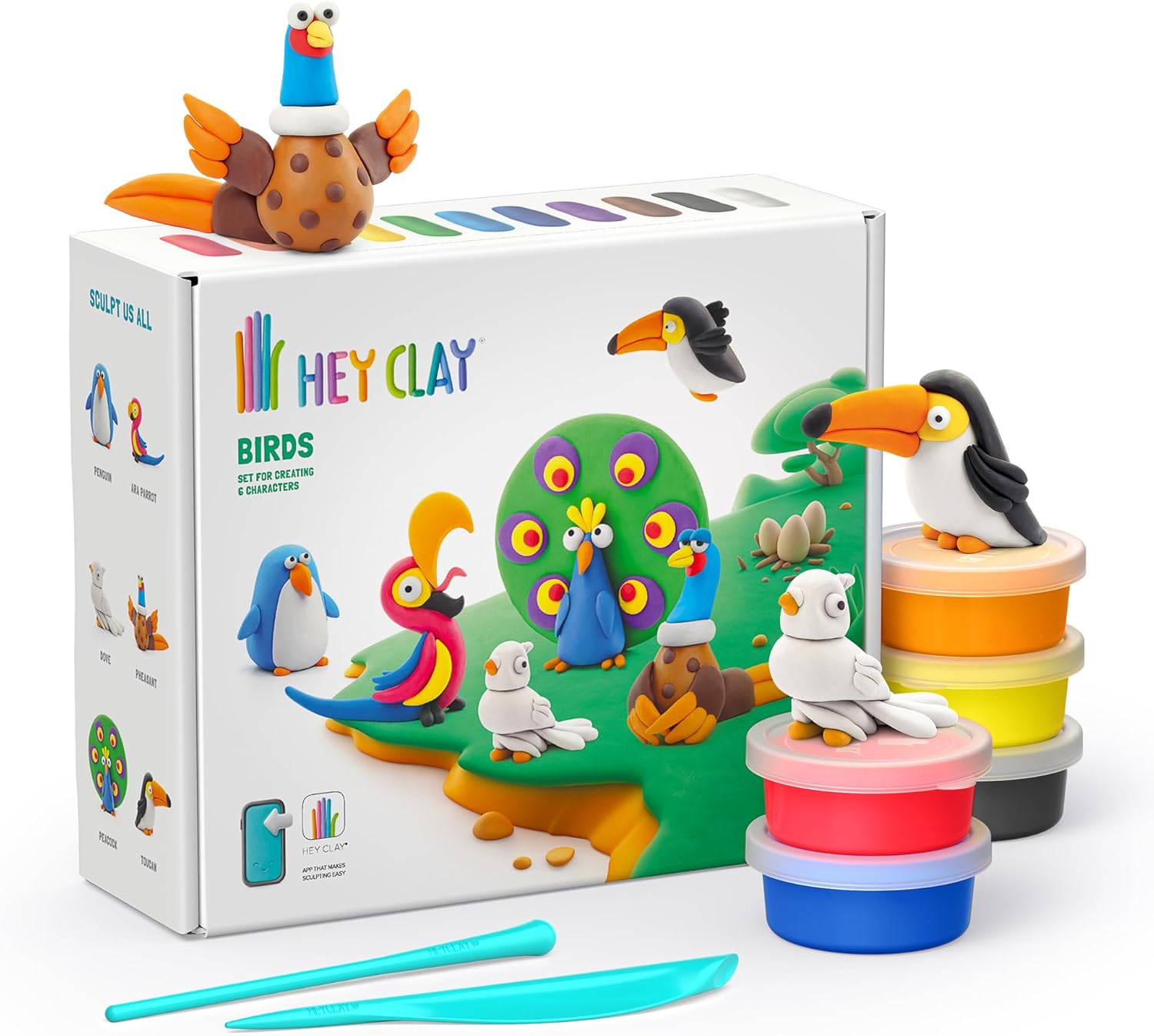 HEY CLAY - Birds Set - Colourful Modeling Kids - Air Dry Clay Kit 15 cans and Sculpting Tools with Fun Interactive Instructions App, Multicoloured - Marah Kids