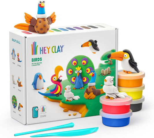 HEY CLAY - Birds Set - Colourful Modeling Kids - Air Dry Clay Kit 15 cans and Sculpting Tools with Fun Interactive Instructions App, Multicoloured - Marah Kids