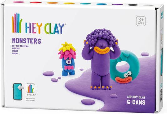 HEY CLAY - DIY Monsters: Hipster, Cyclops, Donut Plastic Creative Modelling Air - Dry Clay For Kids 6 Cans - Marah Kids