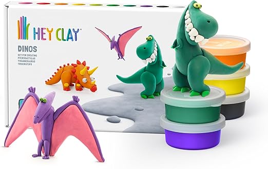 HEY CLAY - DIY Dinos: Pterodactylus, Triceratops, Tyrannosaurus Plastic Creative Modelling Air - Dry Clay For Kids 6 Cans - Marah Kids