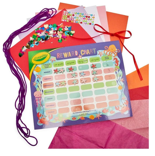 Crayola Reward Chart |14 Reward chart sheets, 13 activity sheets, 4 colored paper sheets, 3 sticker sheets, 60 cm ribbon, 4m yarn, 4 tissue paper sheets, 70 Assorted adhesive rhinestone gems & assorted sequinsAges 3+ - Marah Kids