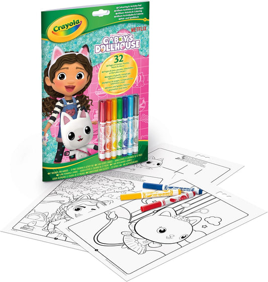 Crayola - Gabby's Dollhouse Album Activity and Colouring e, 32 Colouring Pages and 7 Washable Mini Felt Tip Pens | ideal gift ages from ages 3+ - Marah Kids