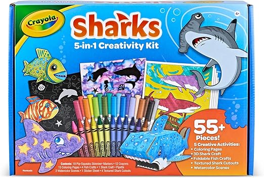 Crayola Sharks 5-In-1 Creativity Kit – Ocean-Themed Art Set With Crayons, Markers, Buildable Sharks & More, Gift For Kids Ages 5+