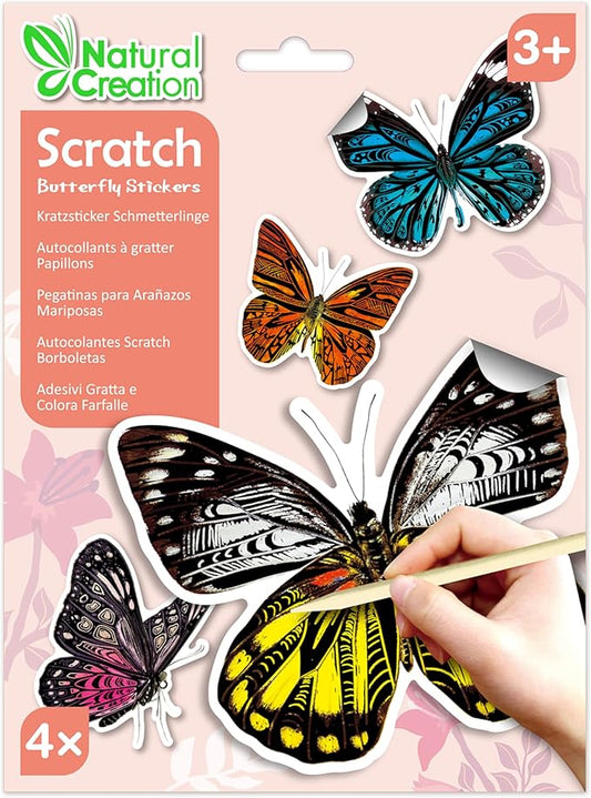 Avenir - Scratch Stickers - Butterfly Multicolour | Decorate and color the 4 ferocious stickers with scratch art | For ages 3 years+ - Marah Kids
