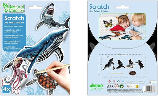 Avenir - Scratch Stickers - Sea Animal Multicolour | Decorate and color the 4 ferocious stickers with scratch art | For ages 3 years+ - Marah Kids