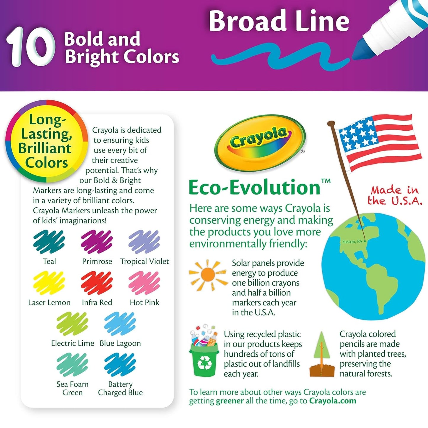 Crayola Markers, Broad Line, 10Count, Bright And Bold Markers