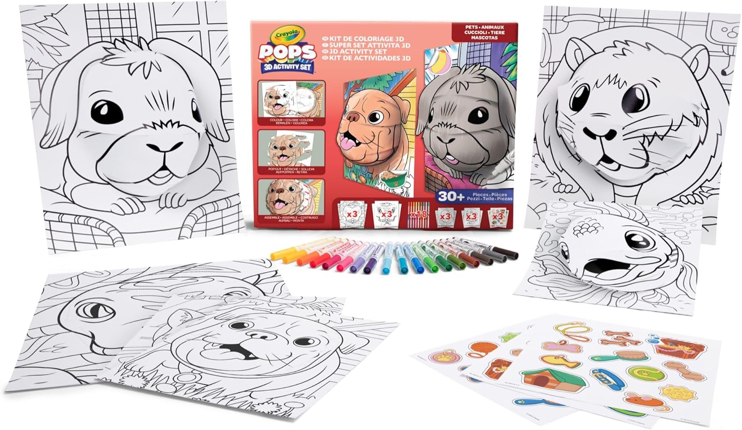 Crayola - Pops Super Set - Pets | Creative Building Kit for Kids - Includes 3 Extra - Large Pops Cards (30x37cm) and 3 Large Pops Cards (25x21.6cm) - 7 Skinny Markers | Ages 6+ - Marah Kids