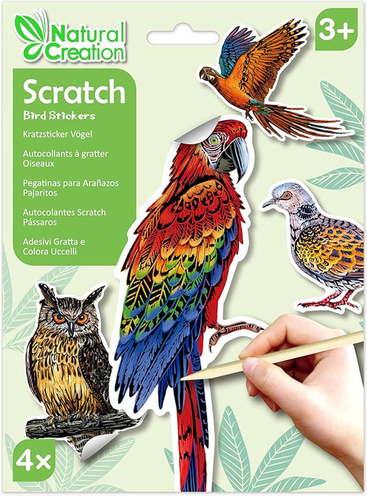 Avenir - Scratch Stickers - Bird Multicolour | Decorate and colour the 4 ferocious stickers with scratch art | For ages 3 years+ - Marah Kids