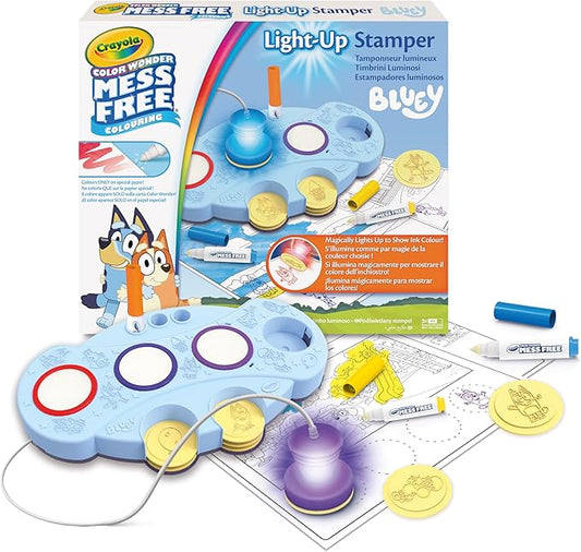 Crayola Color Wonder Mess Free Light - Up Stamper Bluey Set – 10 Stamps, 3 Ink Pads, 18 Activity Pages & Markers | No - Mess Coloring Kit with Light - Up Stamper | Safe, Non - Toxic Gift for Kids Ages 3+ - Marah Kids