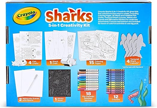 Crayola Sharks 5-In-1 Creativity Kit – Ocean-Themed Art Set With Crayons, Markers, Buildable Sharks & More, Gift For Kids Ages 5+