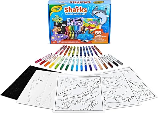 Crayola Sharks 5-In-1 Creativity Kit – Ocean-Themed Art Set With Crayons, Markers, Buildable Sharks & More, Gift For Kids Ages 5+