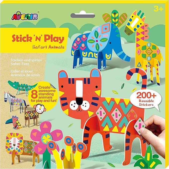 Avenir Stick 'N Play Series - Safari Animals | 200+ Reusable Stickers for Endless Fun! Create Play Scenes with 8 Illustrated Theme Cards, Make Your Own Animal Figures | For Kids 3+ - Marah Kids