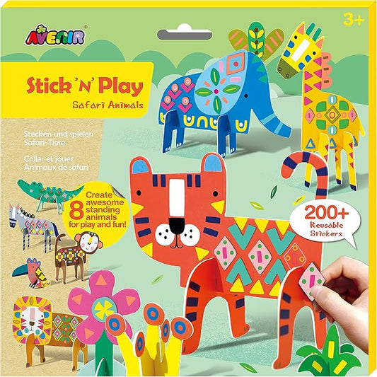 Avenir Stick 'N Play Series - Safari Animals | 200+ Reusable Stickers for Endless Fun! Create Play Scenes with 8 Illustrated Theme Cards, Make Your Own Animal Figures | For Kids 3+ - Marah Kids