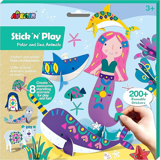 Avenir Stick 'N Play Series - Polar & Sea Animals | 200+ Reusable Stickers for Endless Fun! Create Play Scenes with 8 Illustrated Theme Cards, Make Your Own Animal Figures | For Kids 3+ - Marah Kids