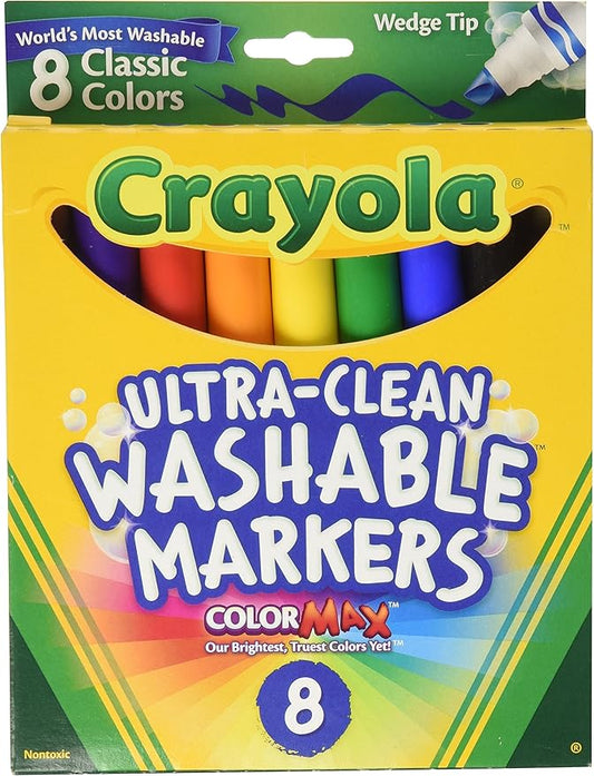 Crayola Ultra Clean Washable Markers, Wedge Tip, Assorted Colors, 8 Count