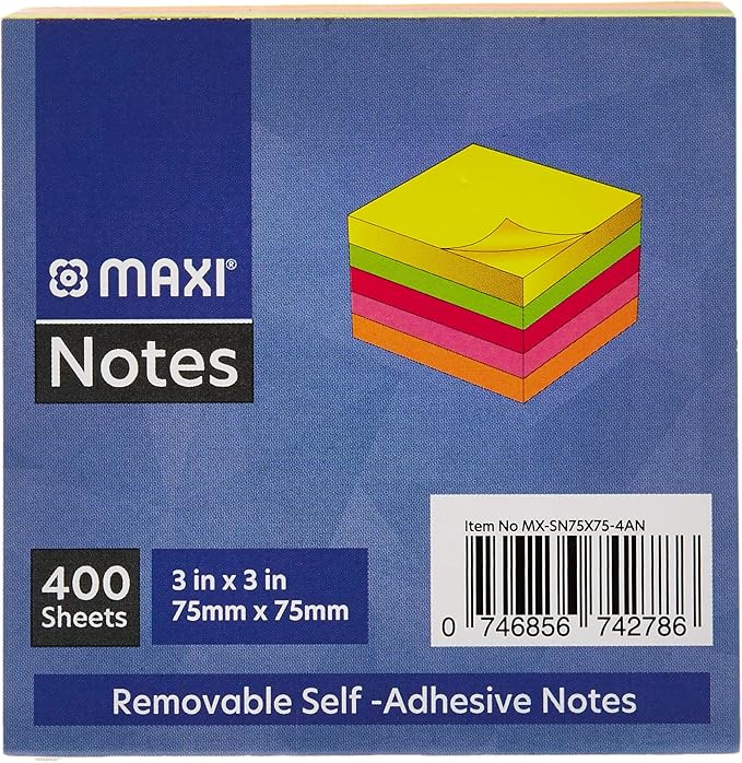 Maxi Sticky Notes 75X75Mm 5X80 Asst Neon Col 400Sh - Marah Kids