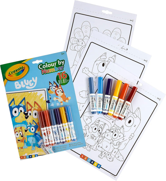 Crayola - Colour by Numbers - Bluey (Includes 16 Colouring Pages and 6 Mini - Markers) | Early Years Educational Colouring Fun | For Ages 3+ - Marah Kids