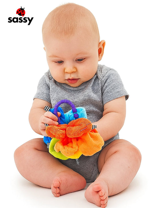 Sassy Crinkle Ball Sensory Toy - Soft Textured Fabric, Crinkling Sound, Easy Grip Ring, Stimulates Touch & Hearing - Developmental Baby Toy for 3+ Months - Marah Kids