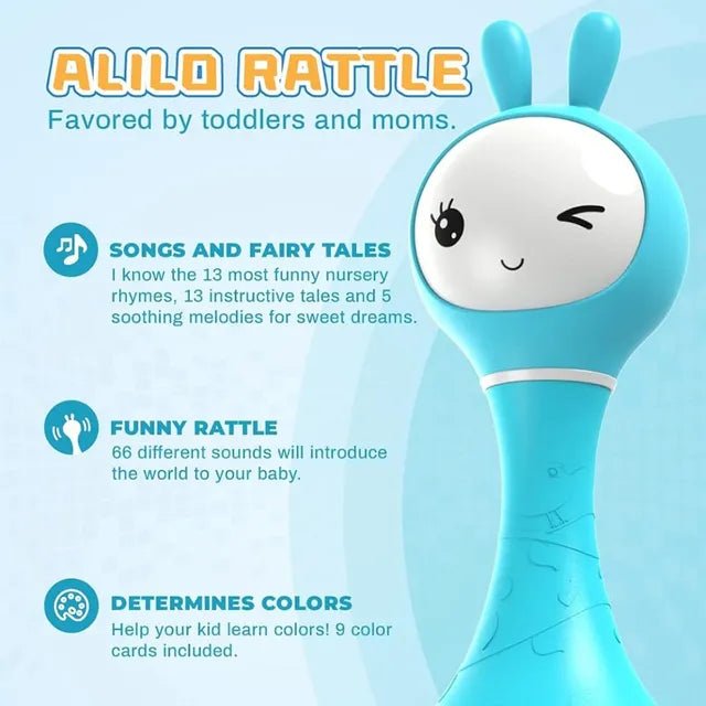 Alilo – Smarty Shake & Tell Rattle, R1 - Smarty Blue | Music, Stories, & Color Learning for Babies | Hi - Fi Sound, Light - Up Ears, USB Charging | 0+ - Marah Kids