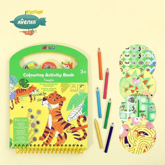 Avenir Coloring Activity Book - Jungle | On - The - Go Coloring Activity Book for Endless Fun and Creativity, 3 - in - 1 Play - Coloring, Games & Stickers | Ideal Gift for Kids 3+ - Marah Kids