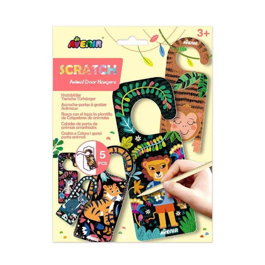 Avenir - Scratch - Animal Door Hangers Multicolour | Includes 5 gorgeous bookmarks with animals | Scratch the bookmarks and make them your own design + Ages 3+ - Marah Kids