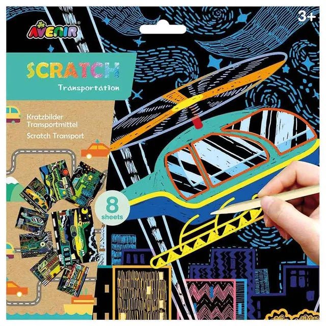 Avenir Scratch Art Kit – Transportation | Unleash Creativity with Vibrant Drawings! 4 Themed Scratch Boards and Scratch Tool | Watch Brilliant Colors Unfold, Engaging Activity for Young Artists 3+ - Marah Kids
