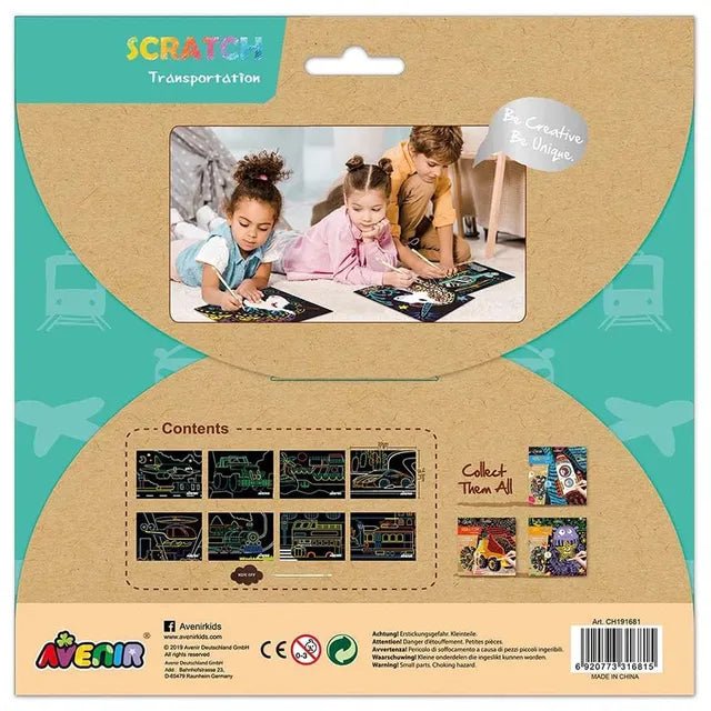 Avenir Scratch Art Kit – Transportation | Unleash Creativity with Vibrant Drawings! 4 Themed Scratch Boards and Scratch Tool | Watch Brilliant Colors Unfold, Engaging Activity for Young Artists 3+ - Marah Kids