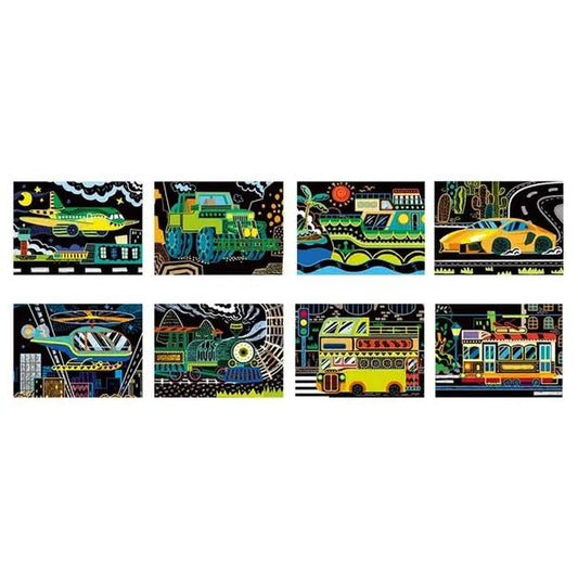 Avenir Scratch Art Kit – Transportation | Unleash Creativity with Vibrant Drawings! 4 Themed Scratch Boards and Scratch Tool | Watch Brilliant Colors Unfold, Engaging Activity for Young Artists 3+ - Marah Kids