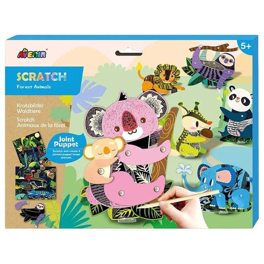 Avenir Scratch - Jungle Animals | Create Your Own Magical Scratch Art Puppets - 6 Jointed Puppets, 2 Backdrops, and More! | Fun and Interactive Art Project for Kids 3+ - Marah Kids