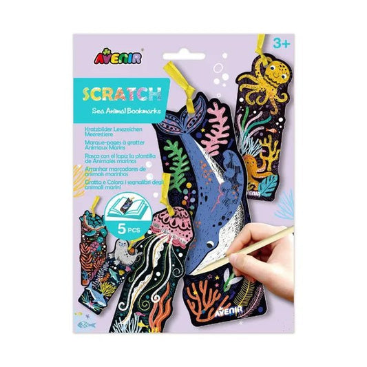 Avenir - Scratch - Sea Animal Bookmarks Multicolour | Includes 5 gorgeous bookmarks with sea animals | Scratch the bookmarks and make them your own design + Ages 3+ - Marah Kids