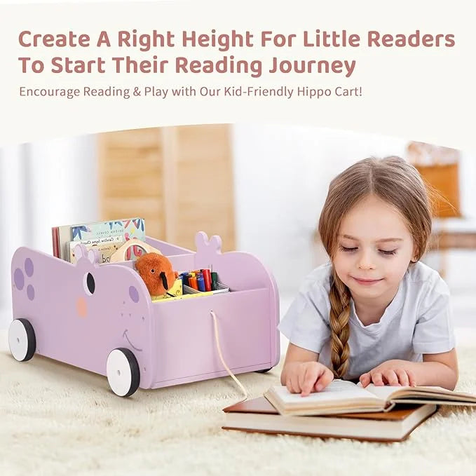 OOOK Hippo Shaped Wooden Book Storage Trolley kids furniture - view 3 | Marah Kids