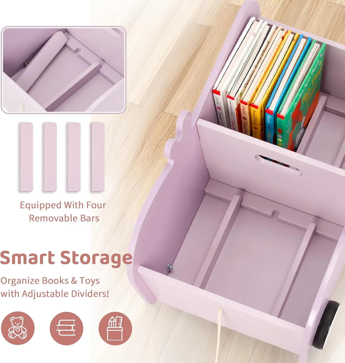 OOOK Hippo Shaped Wooden Book Storage Trolley kids furniture - view 7 | Marah Kids