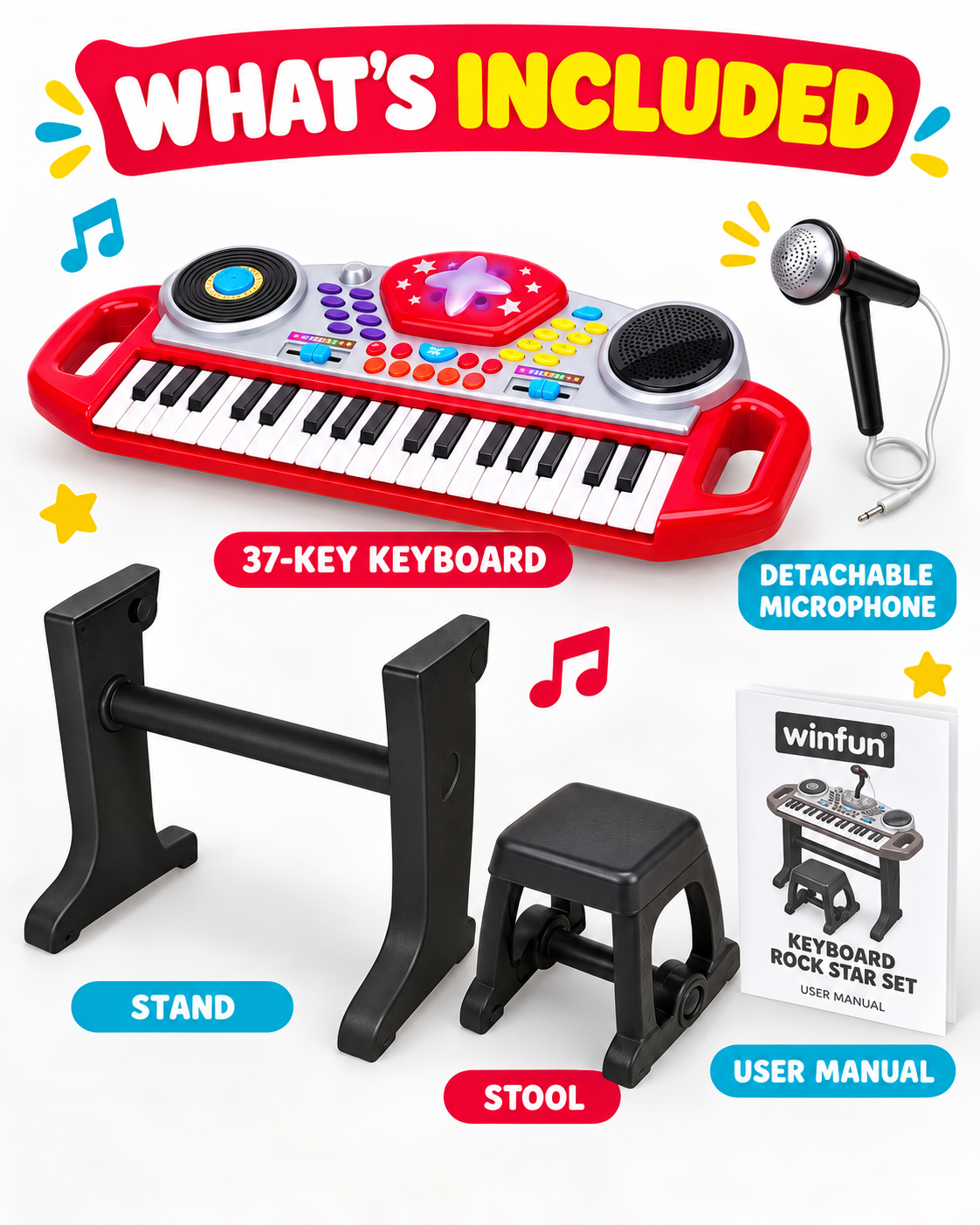 Winfun Beat Bop 37-Key Electronic Keyboard for Kids with Stand,  36 Months+