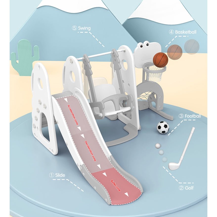 Slide & Swing Set W/Basketball Hoop & Football Goal - White - Marah Kids