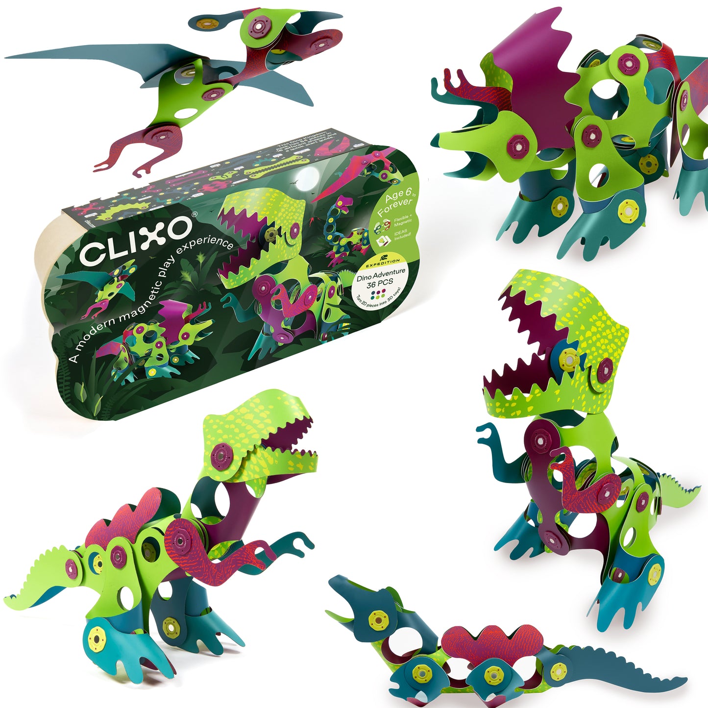 Clixo Dino Adventure Pack - 36 Piece Magnetic Building Set