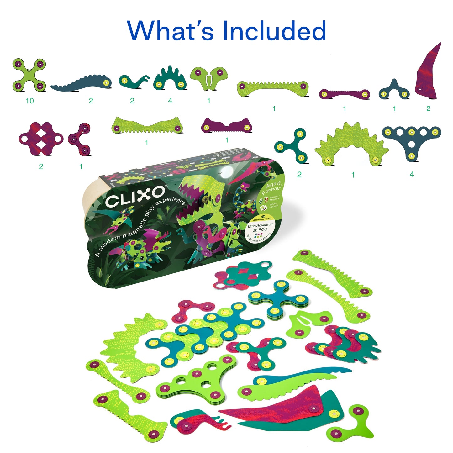 Clixo Dino Adventure Pack - 36 Piece Magnetic Building Set