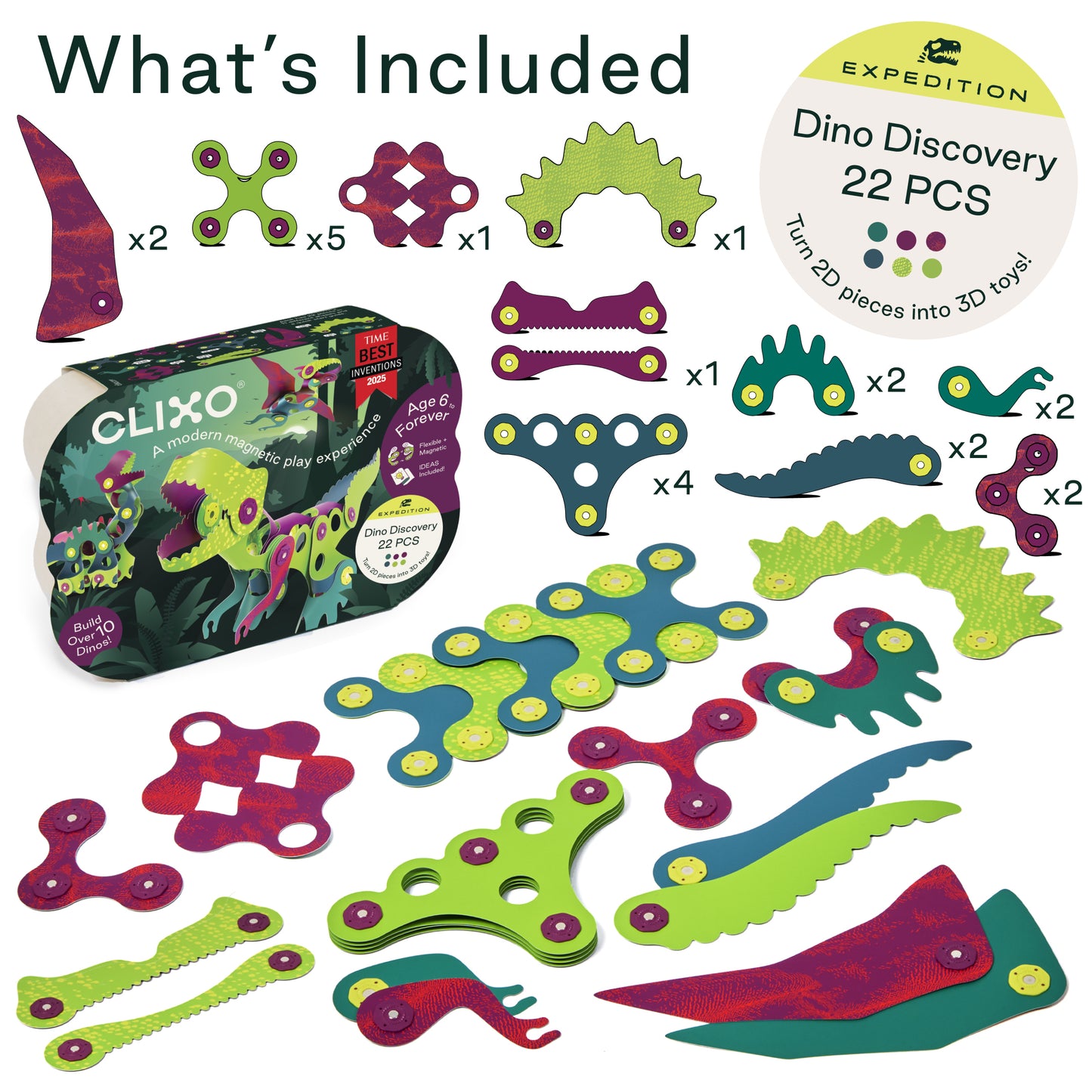 Clixo Dino Discovery Pack - 22 Piece Magnetic Building Set