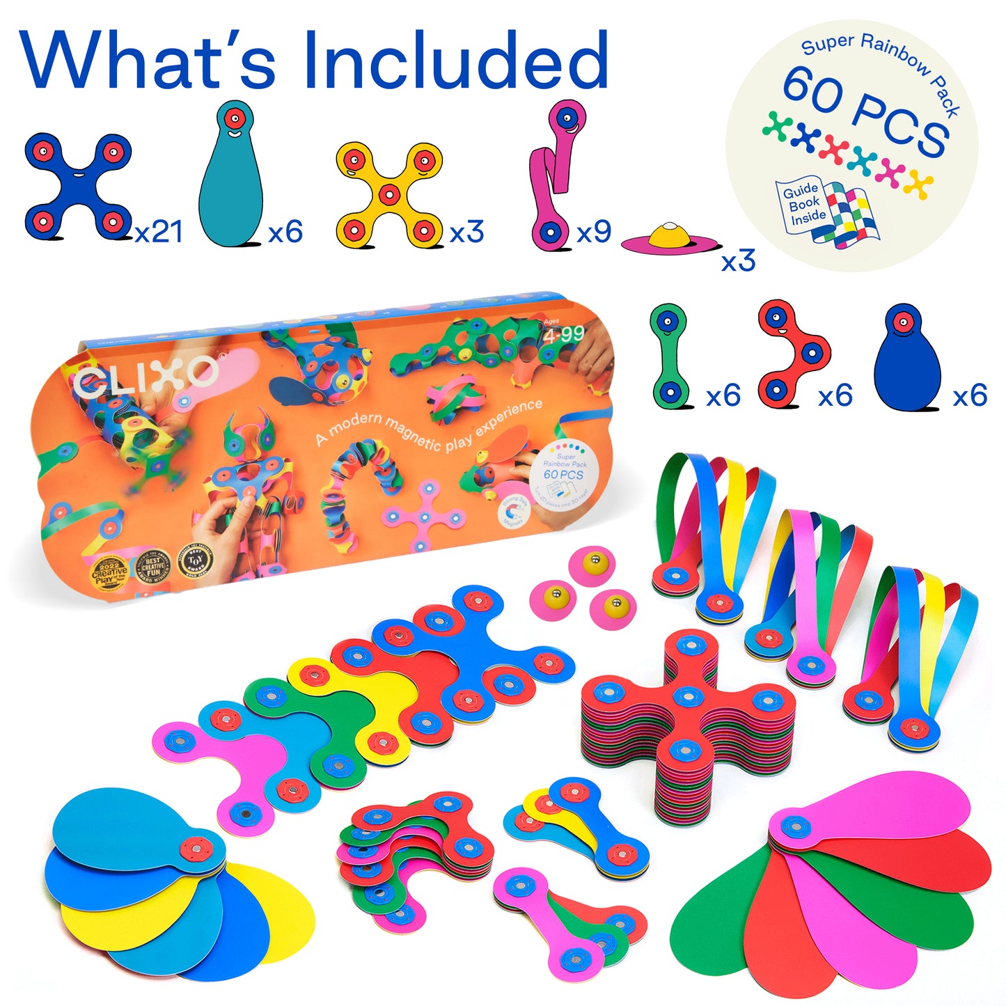 Clixo Super Rainbow Pack - 60 Piece Magnetic Building Set